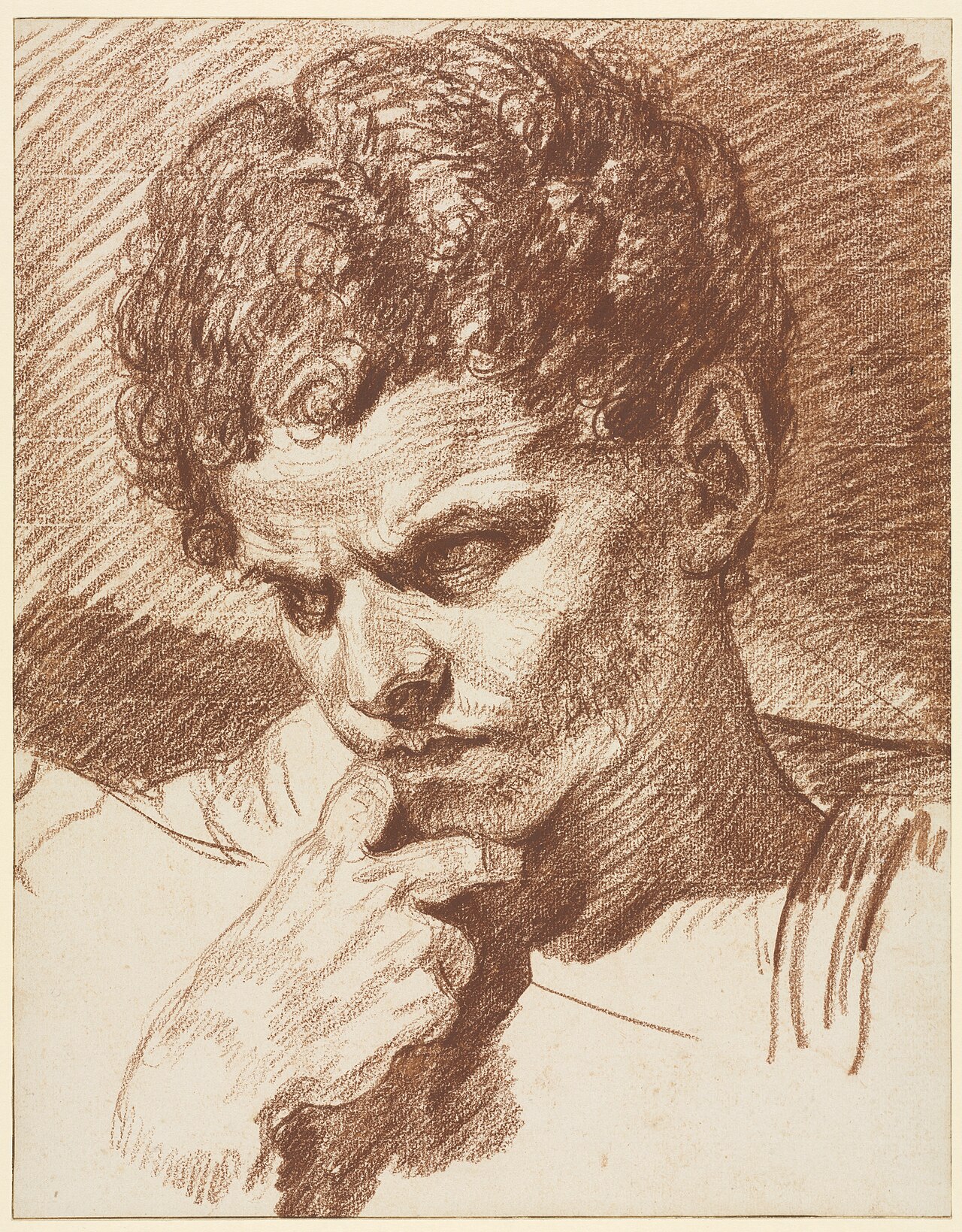 Red chalk portrait drawing of a curly-haired man looking down, his chin resting on his fist